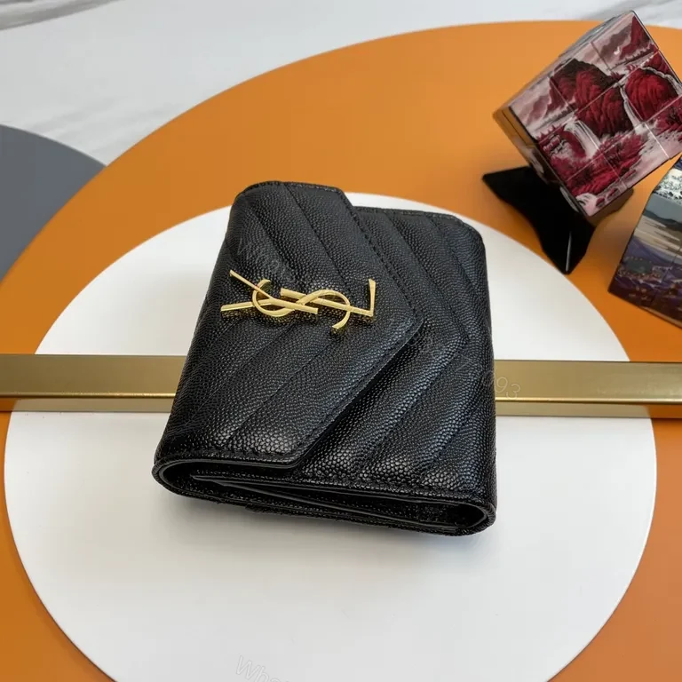 View 7 of Compact Luxe Quilted Wallet: YSL Hardware, Textured Leather