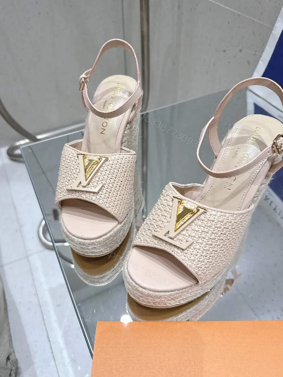 View 6 of Beige Wedge Espadrille Sandals with Gold Detail - Elevated Comfort