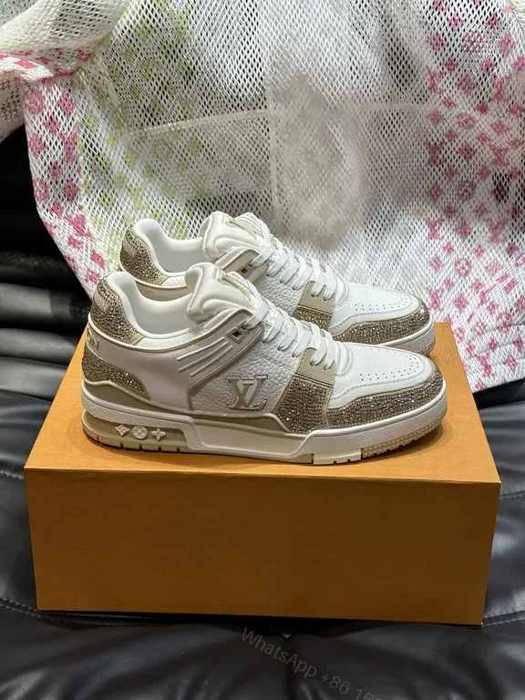 View 6 of White Leather Sneakers with Gold Accents, Perforated Toe, LV Logo