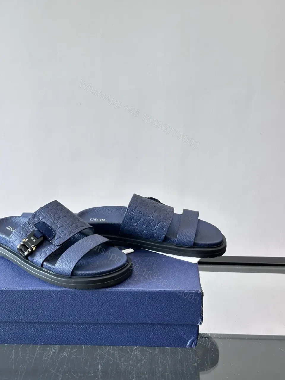 View 6 of Navy Leather Dior-Logo Slide Sandals with Buckle