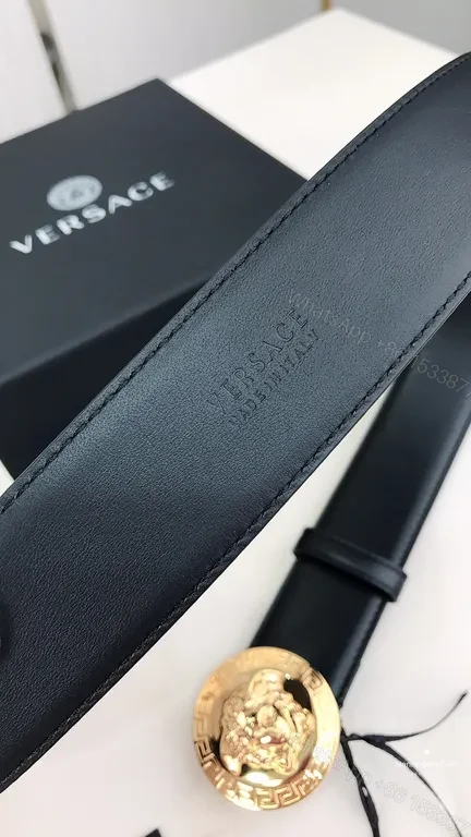 View 8 of Bold Black Leather Belt with Gold Medusa Buckle - Versace-Inspired Luxury