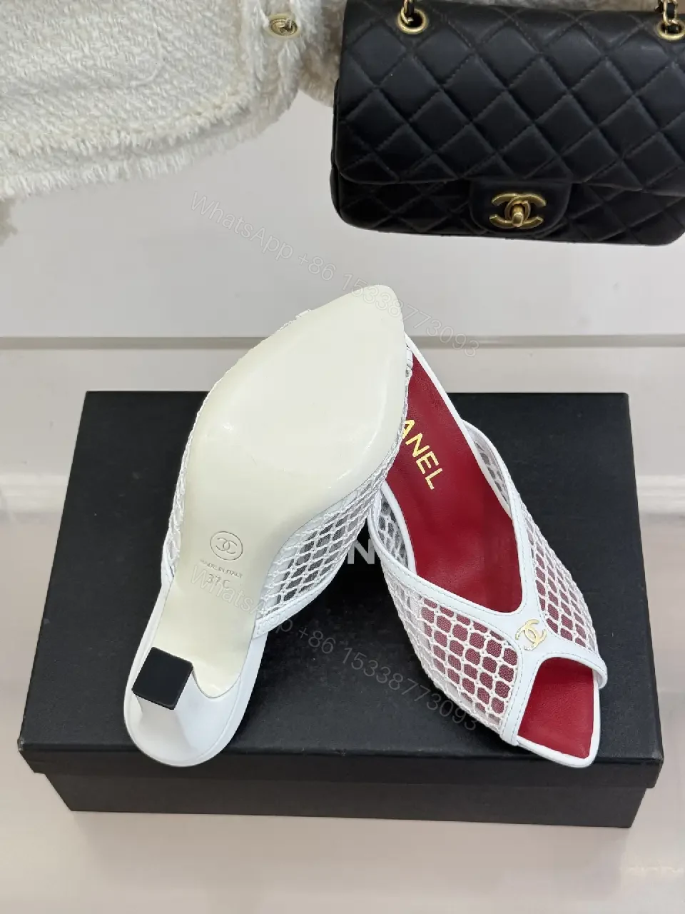 View 5 of White Mesh Leather Mule Heeled Slide Sandals