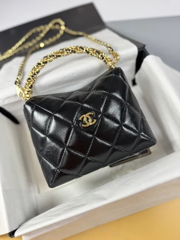 Quilted Black Leather Crossbody Bag with Gold Chain — view 1