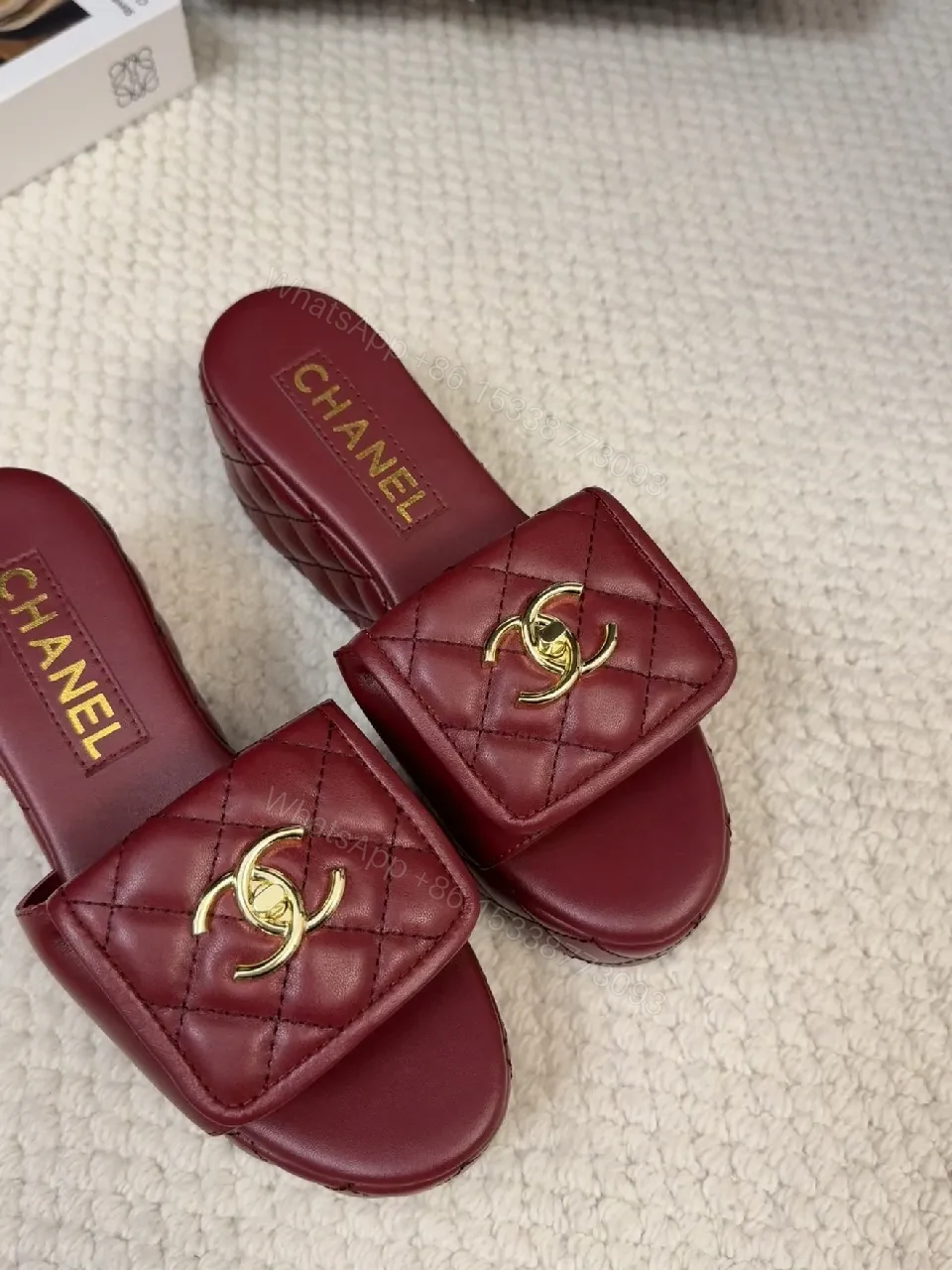 View 4 of Burgundy Quilted Slides with Gold Hardware, Luxury Comfort