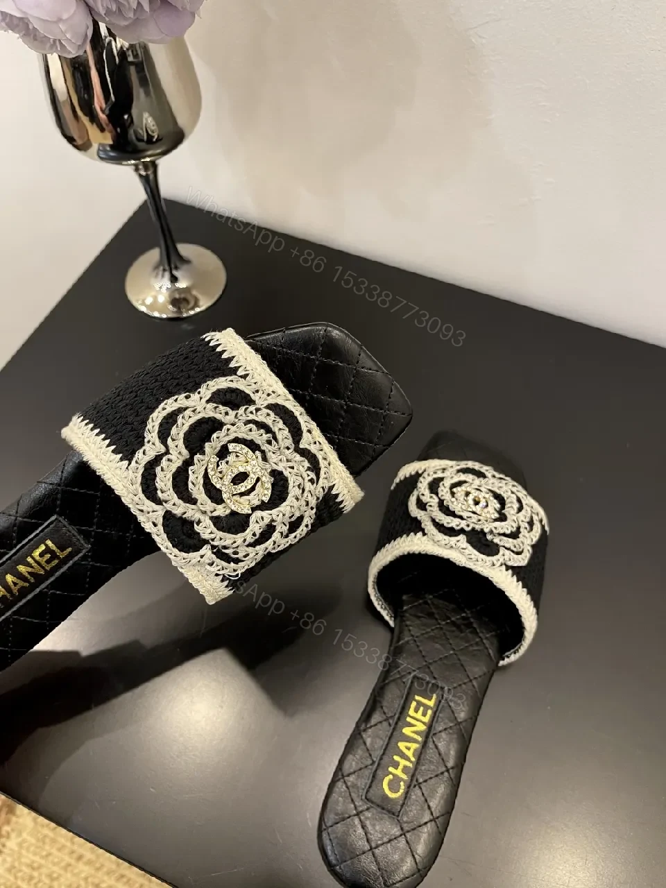 View 9 of Black Quilted Slide with Crochet Camellia Detail - Open-Toe Comfort