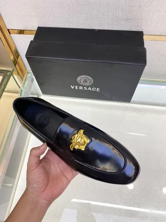 View 4 of Versace Black Calfskin Loafers with Medusa Hardware
