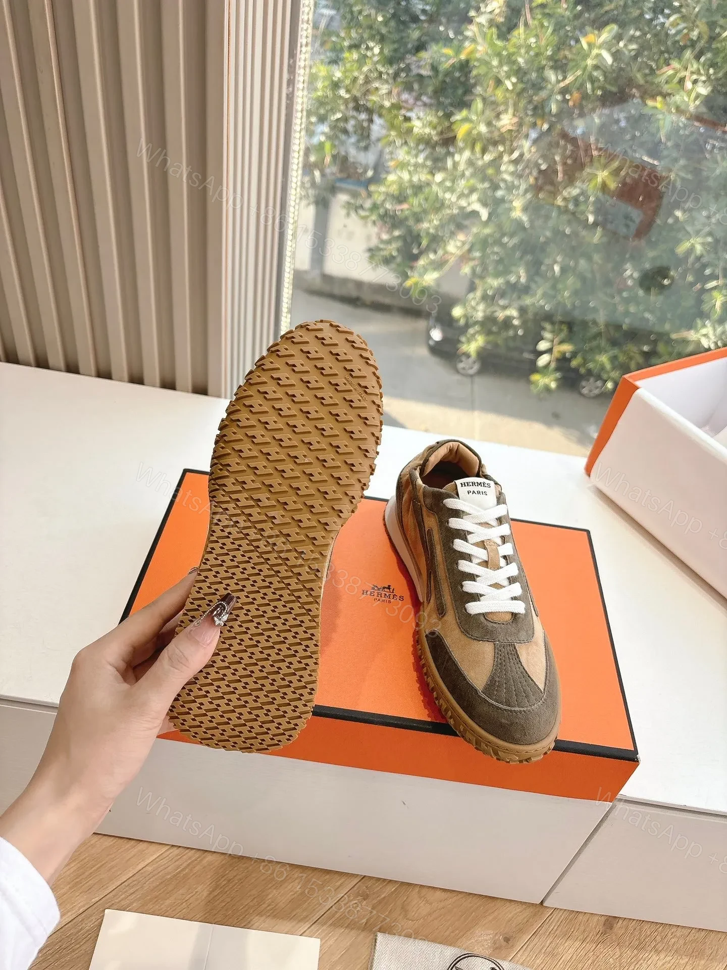View 2 of Hermes Women Brown Suede Sneakers
