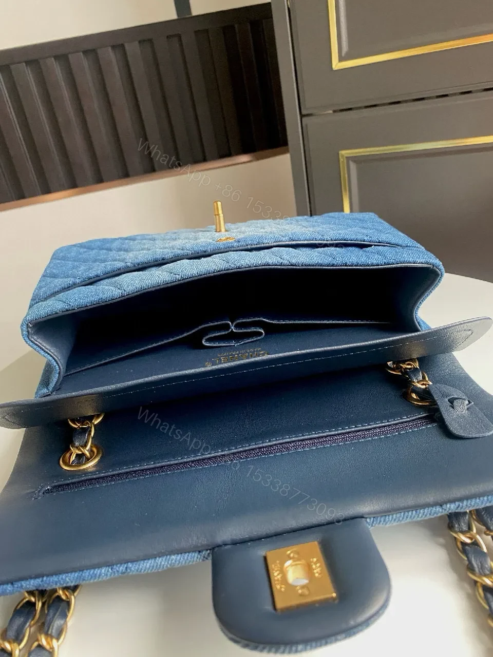 View 9 of Denim Quilted Bag — Gold Chain Flap, Everyday Luxury