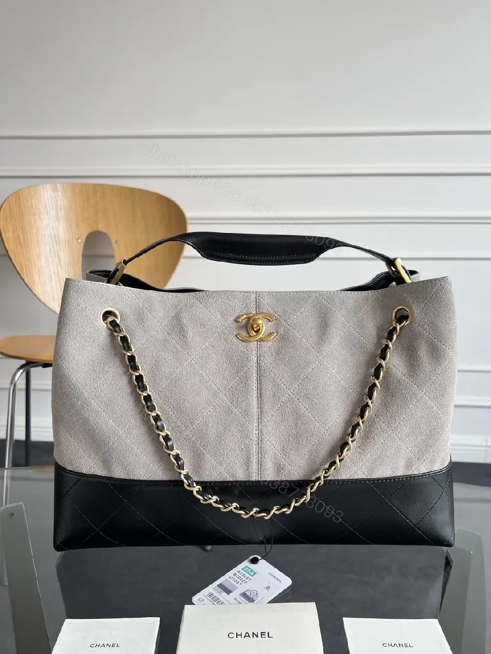 View 5 of Taupe & Black Quilted Tote: Luxury Two-Tone Everyday Bag