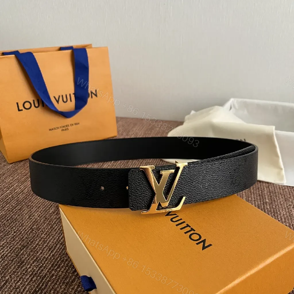 View 2 of Black Pebbled Leather Belt with Gold LV Buckle - Classic Luxury