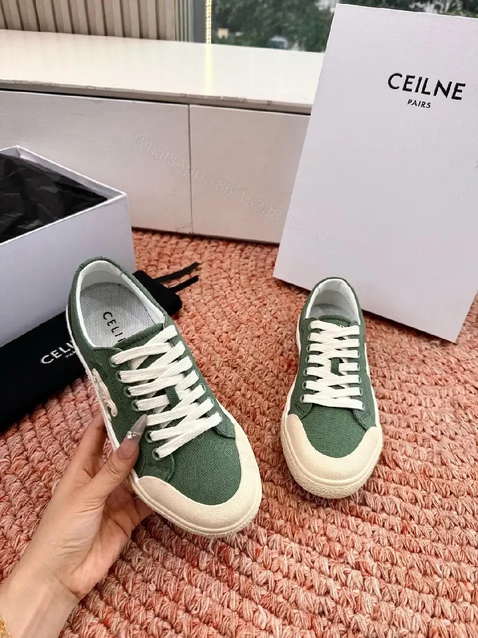 View 5 of Green Canvas Sneakers with Off-White Rubber Sole