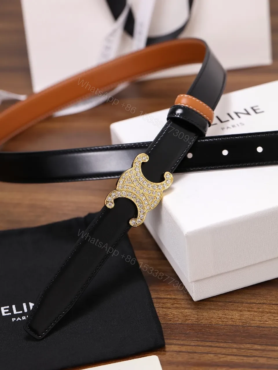 View 6 of Black Leather Belt with Gold Crystal Clasp Belt
