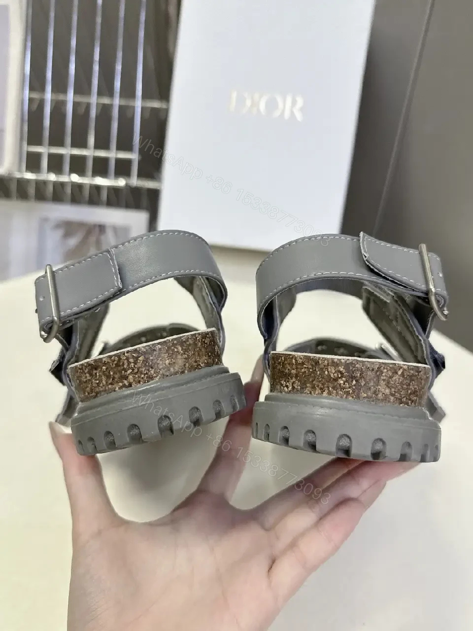 View 5 of Gray Leather Sandals with Cork Footbed & Buckle Straps (Dior Style)