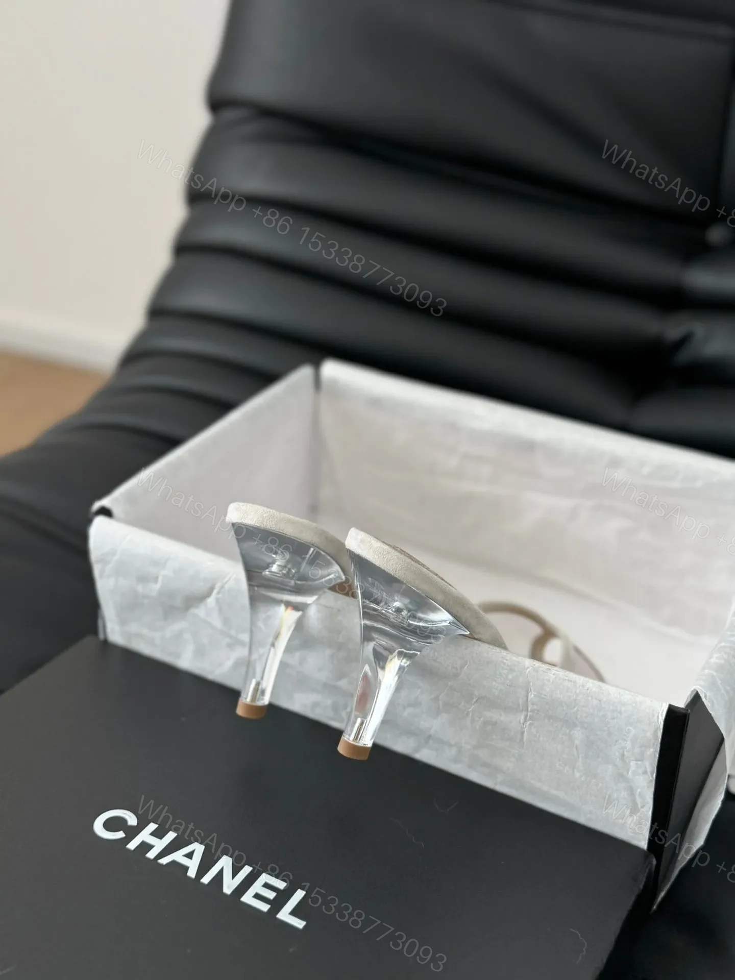 View 4 of Chanel Women Beige Mesh And Leather Mules