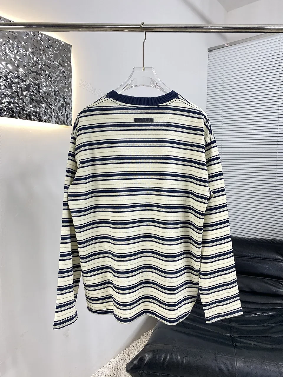 View 6 of Navy Stripe Cotton Crewneck Sweater with Subtle Logo