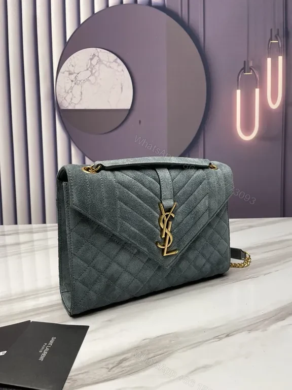 View 9 of Chevron-Quilted Suede Shoulder Bag with Gold YSL Hardware