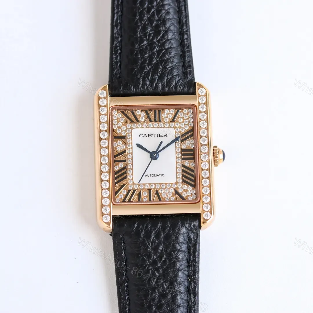 View 7 of KOR Factory Cartier Tank MK3 Women’s Automatic Mechanical Watch – Rose Gold with Diamond Bezel, Black Leather Strap