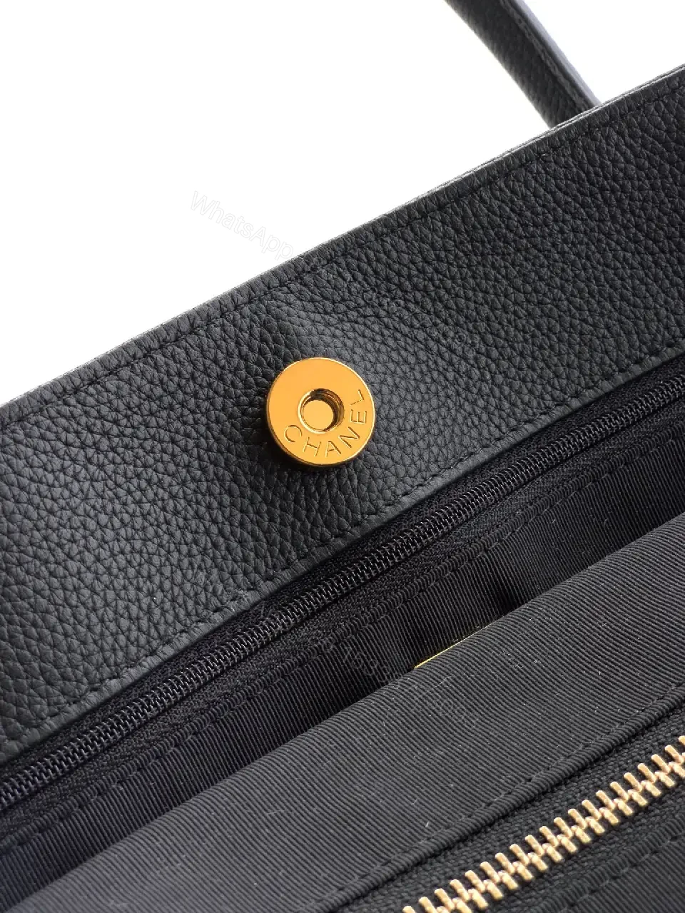 View 7 of Structured Black Leather Tote with Gold Closure Tote