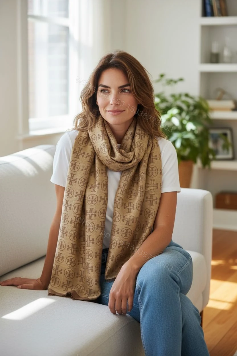 View 5 of First Copy Tory Burch Off-White Semi-Woollen Winter Stole for Women