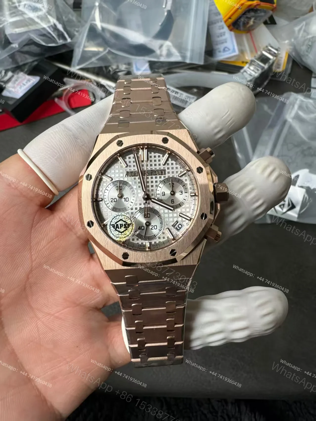 View 21 of Audemars Piguet Super Clone Royal Oak Rose Gold White Dial 26240 Chronograph 41mm Cal.4401