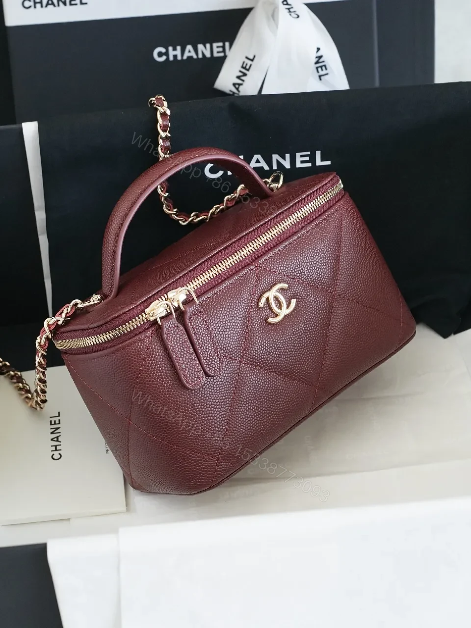 View 4 of Burgundy Quilted Crossbody Bag with Gold Hardware