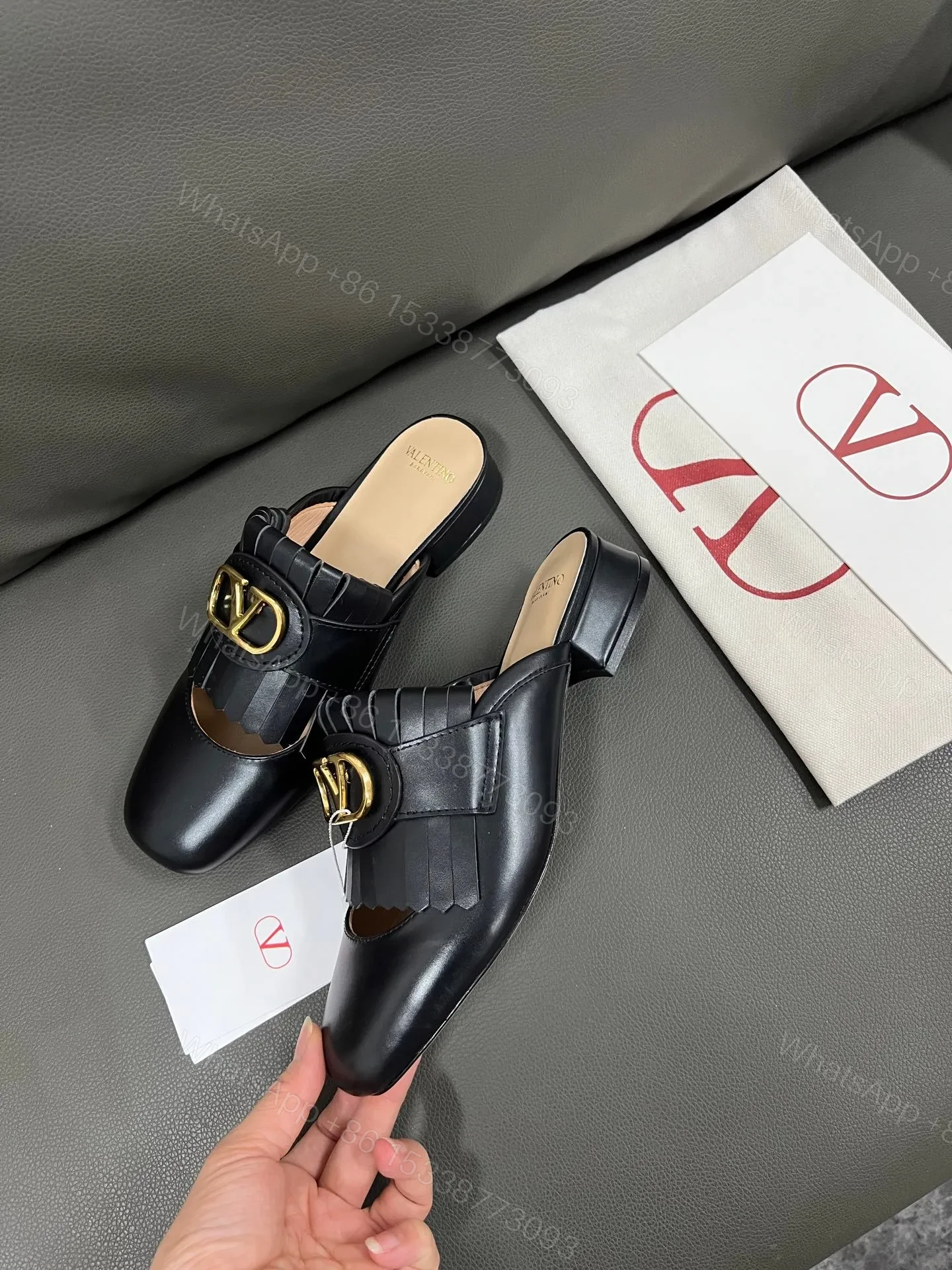 View 5 of Valentino Women Black Leather Fringe Mules