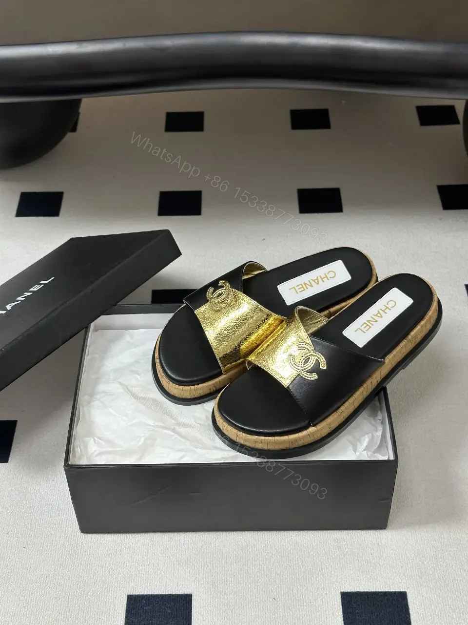 View 6 of Black Leather Luxury Chanel Logo Slide Sandals