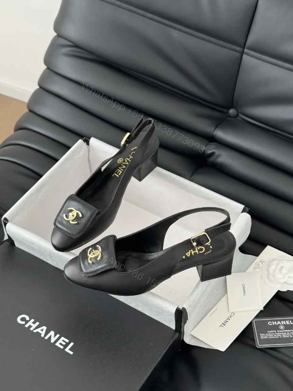 View 2 of Black Leather Slingbacks with Gold Hardware, Luxury-Style Heels