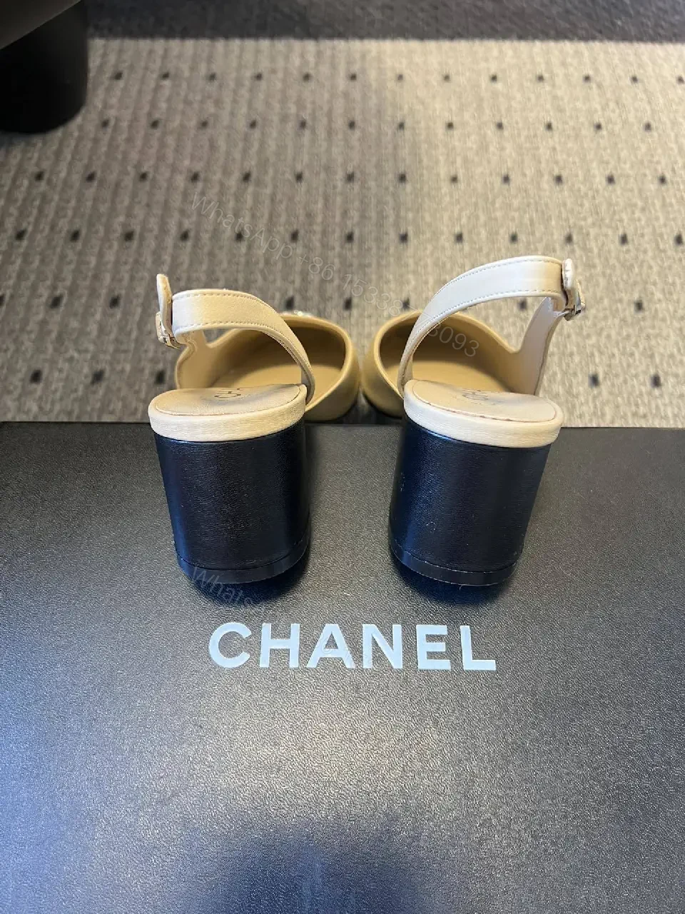View 7 of Two-Tone Slingbacks with Logo Detail - Leather Heels