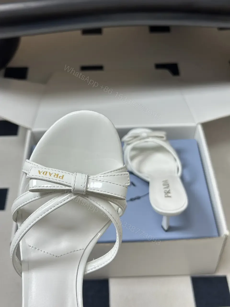 View 8 of White Leather Sandals Shoes with Knot Straps - Prada Style Heels