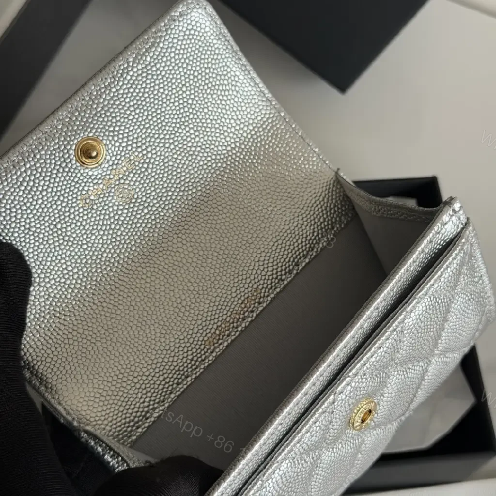 View 3 of Metallic Silver Leather Quilted Flap Wallet, Compact Bi-fold with Gold CC Logo