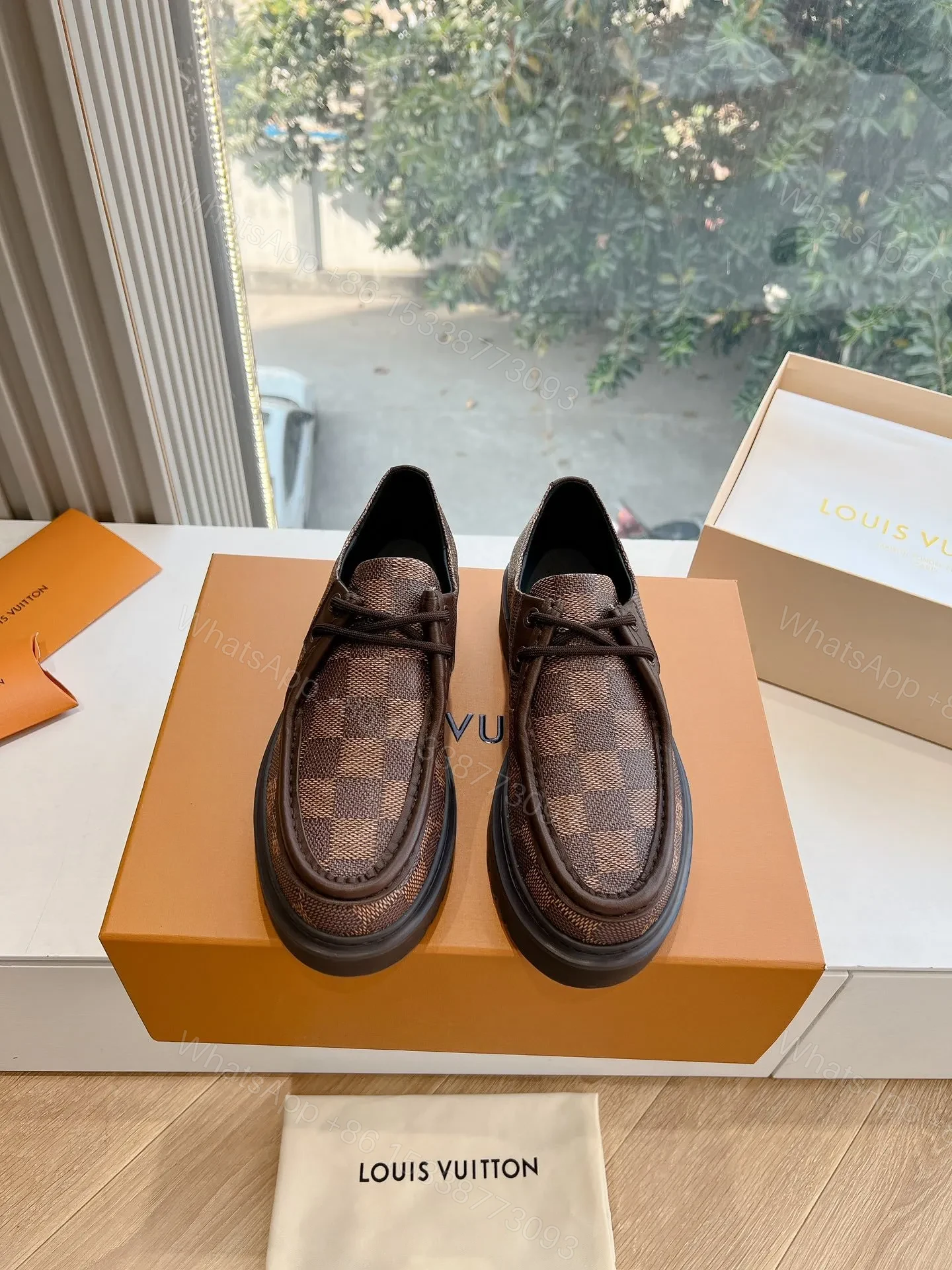 View 5 of LV Women Brown Checkered Leather Loafers