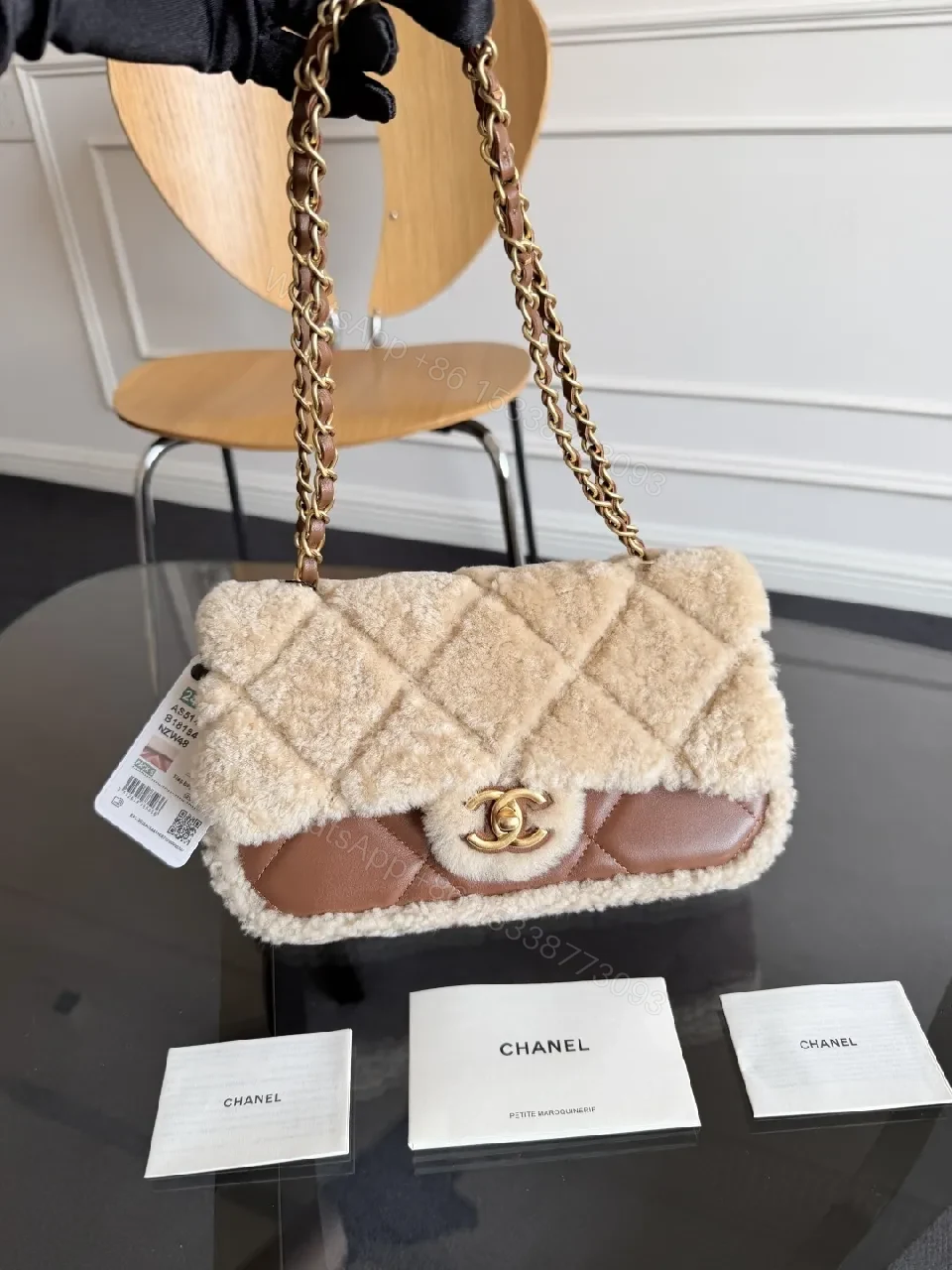 View 5 of Ivory Shearling Quilted Bag: Luxe Chain-Detail