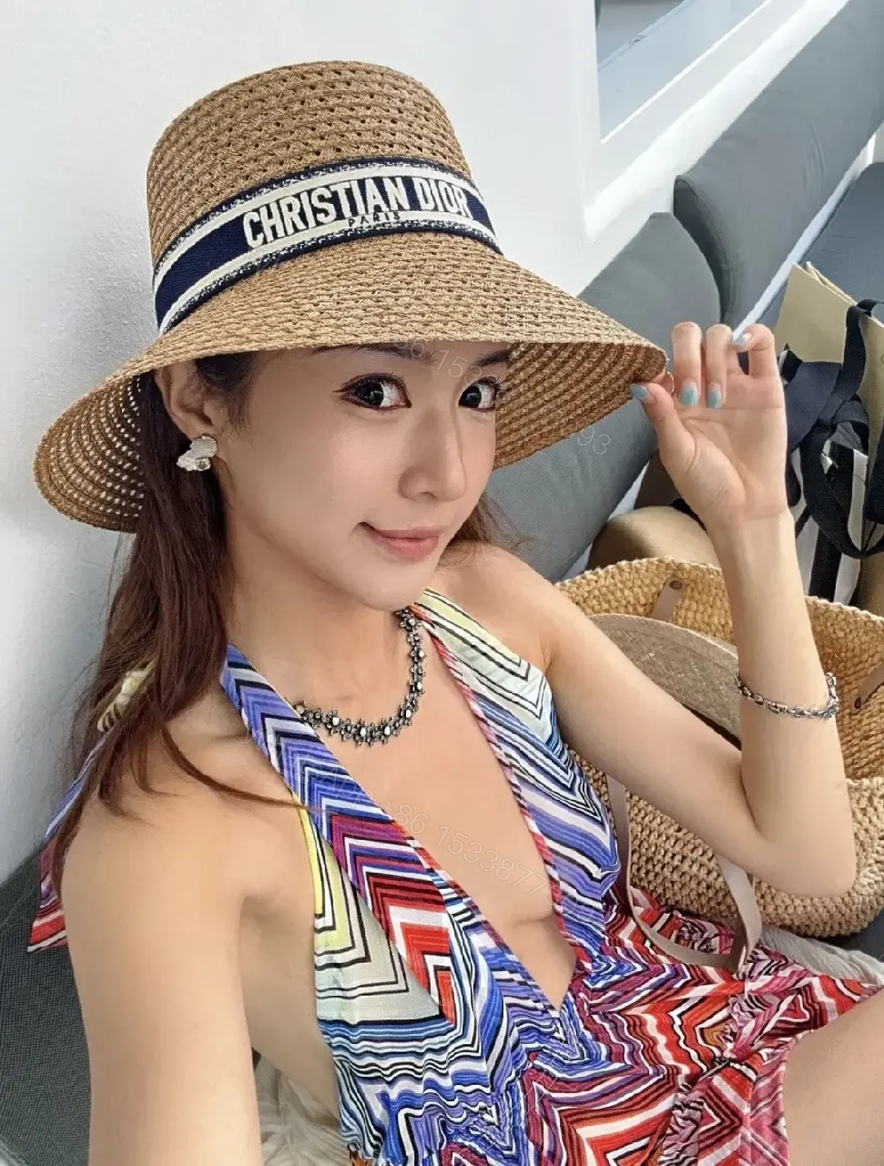 View 9 of Natural Straw Boater Hat with Ribbon Brand Stripe - Dior Inspired