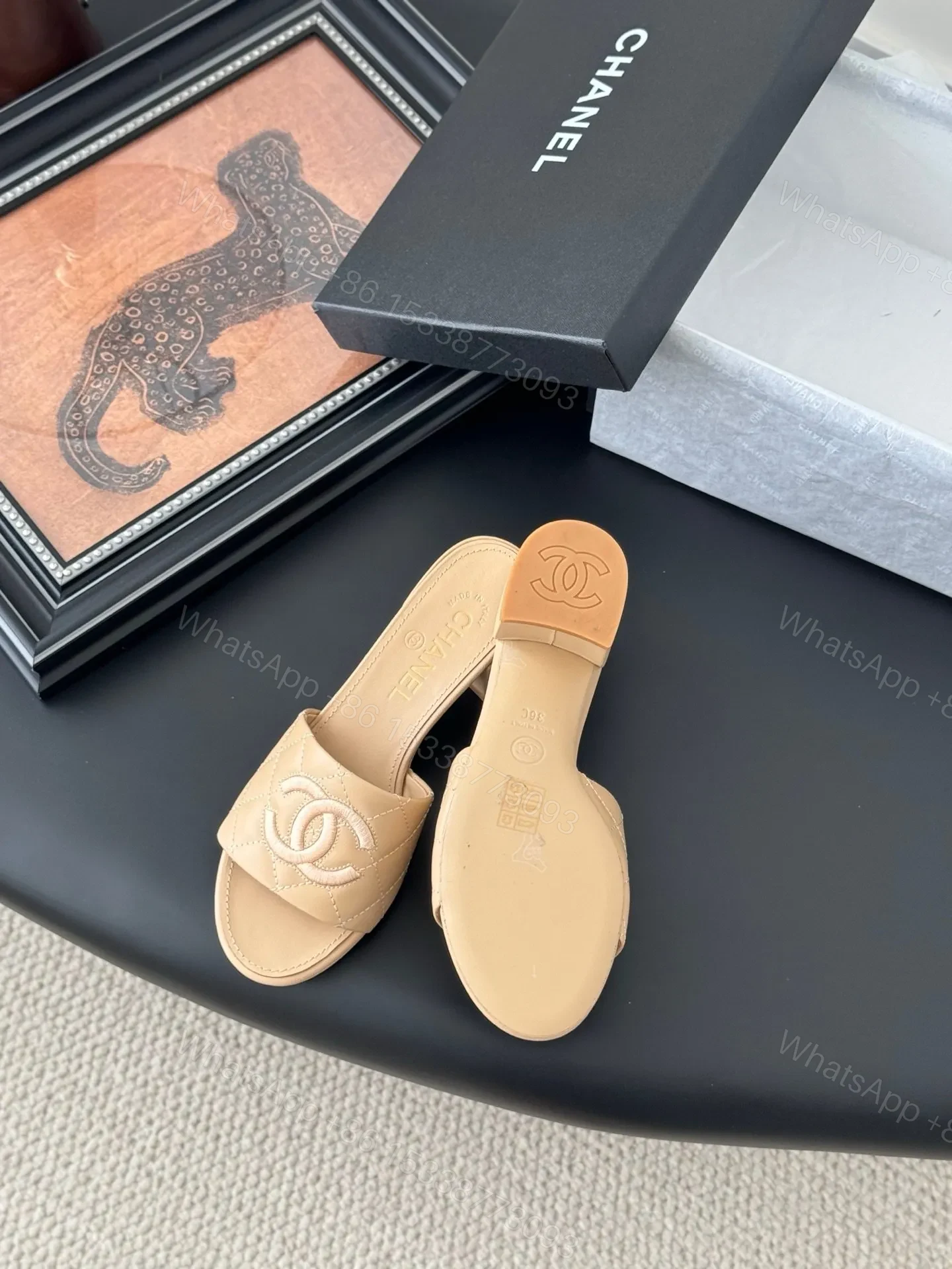 View 4 of Chanel Women Beige Leather Quilted Slides
