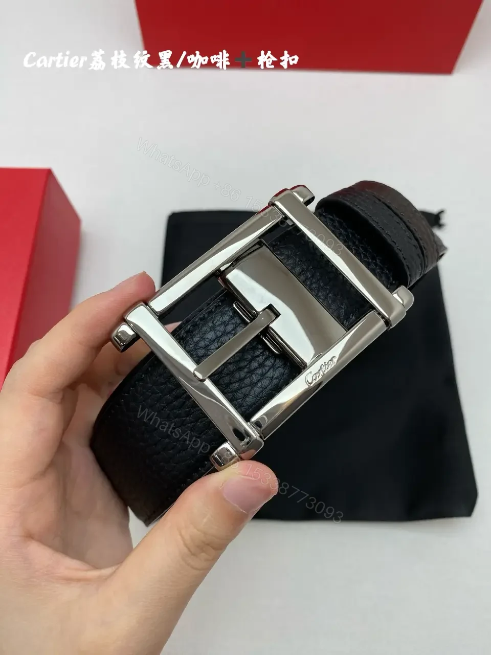 View 4 of Black Leather Belt Textured Grain with Silver Square Buckle - Cartier Style