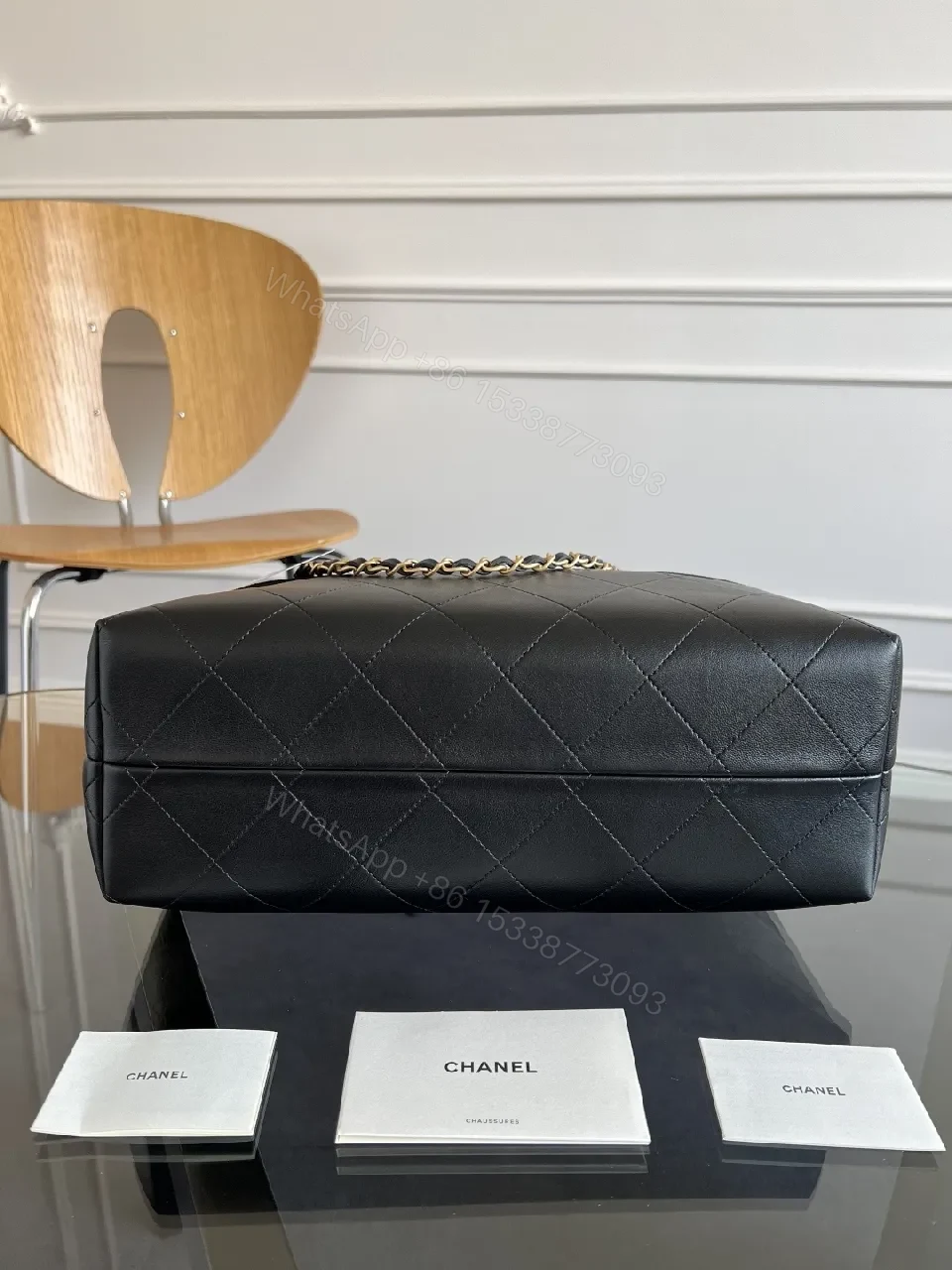 View 8 of Quilted Grand Tote: Black Leatherette, Gold Hardware, Luxury