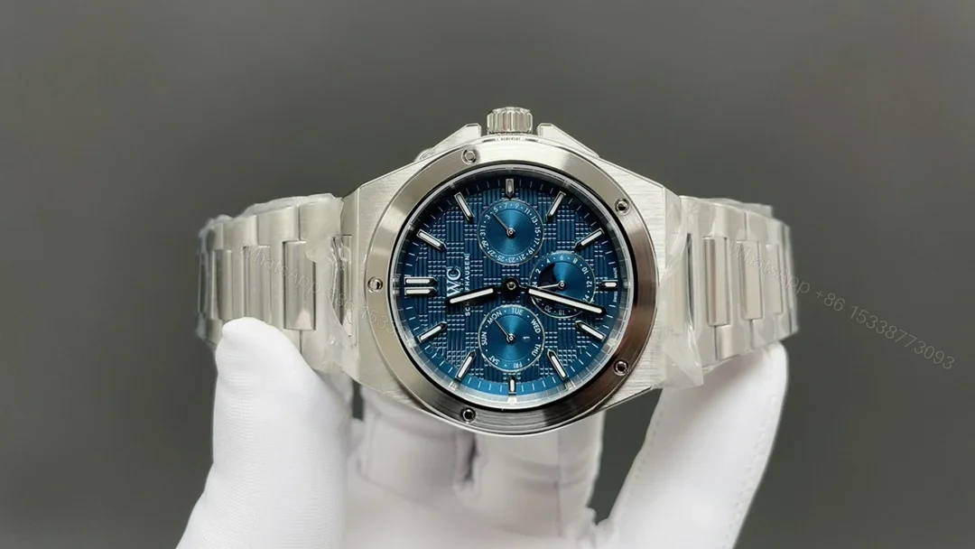 View 2 of IWC Ingenieur Blue Replica 42MM Premium Perpetual Calendar Steel Bracelet Edition RG-IWC-INGENIEUR-BLUE-42