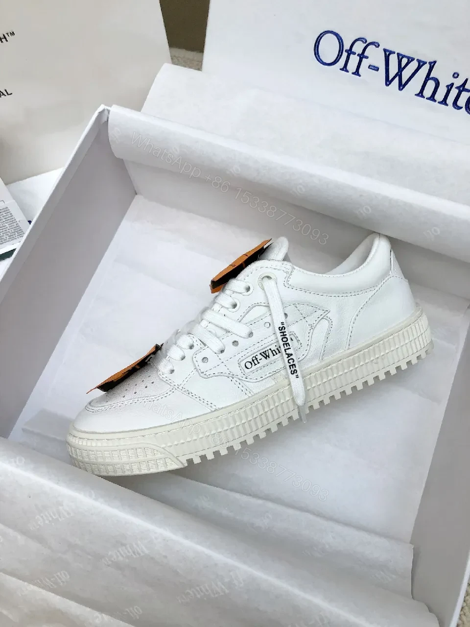 View 5 of White Leather Low-Profile Sneakers with Signature Tape Details