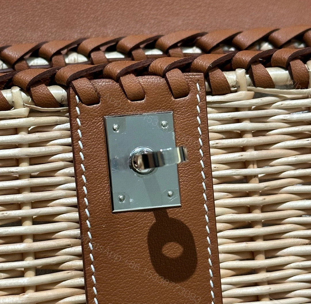 View 3 of KELLY PICNIC HANDBAG IN BROWN & NATURAL LEATHER AND WICKER SILVER HARDWARE
