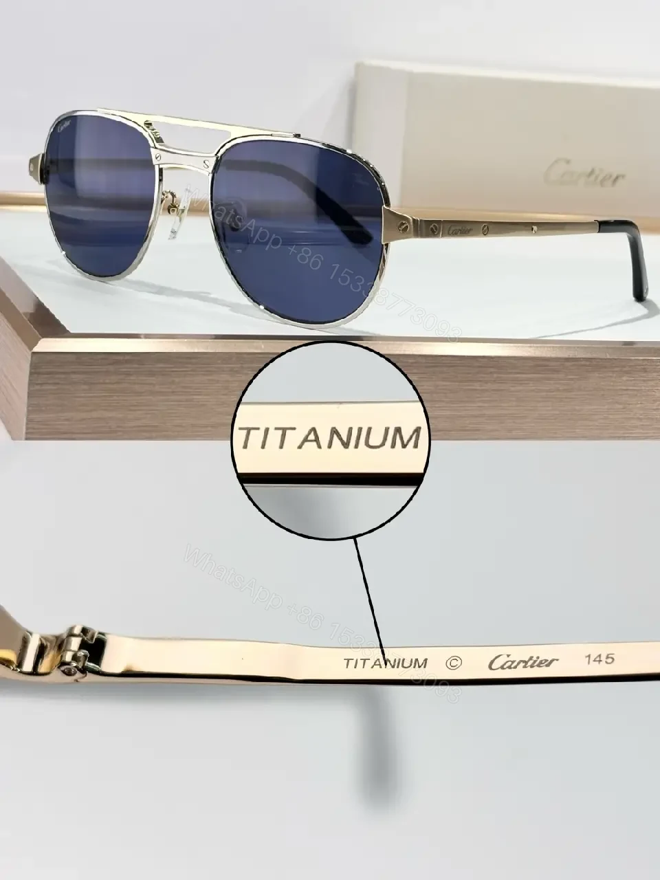 Titanium Frame Sunglasses: Luxury Navy Glasses, Subtle Cartier Detail — view 1