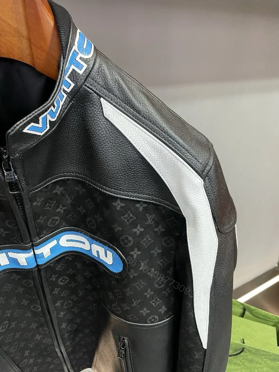 View 10 of Bold Contrast Leather Jacket Monogram Panels, Luxe Style
