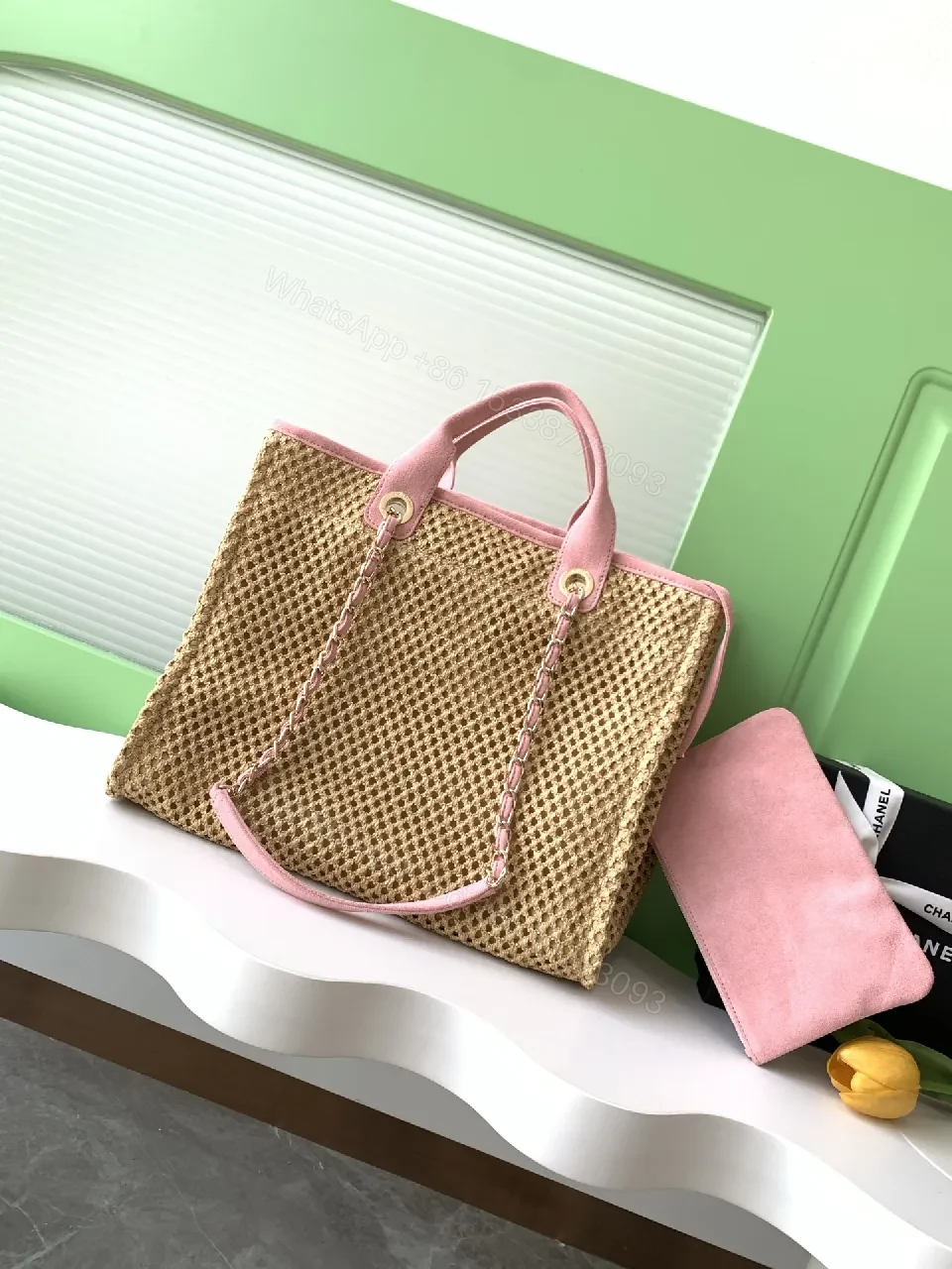 View 5 of Pink Straw Tote with Leather Trim, Structured Chanel-Inspired, High-End Carryall
