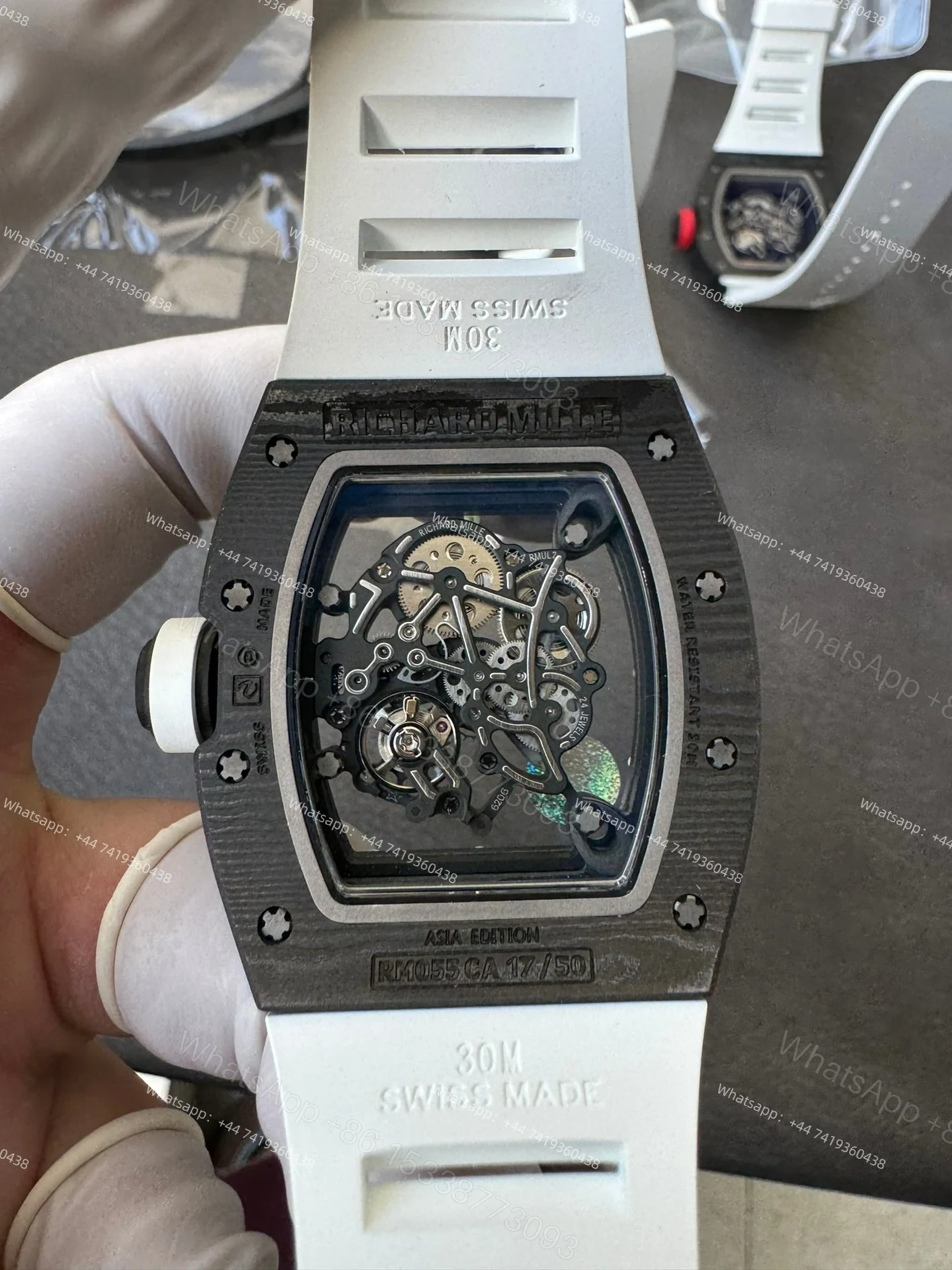 View 12 of Super Clone Richard Mille RM 055 Carbon TPT White Rubber Strap 1:1 Replica Watch