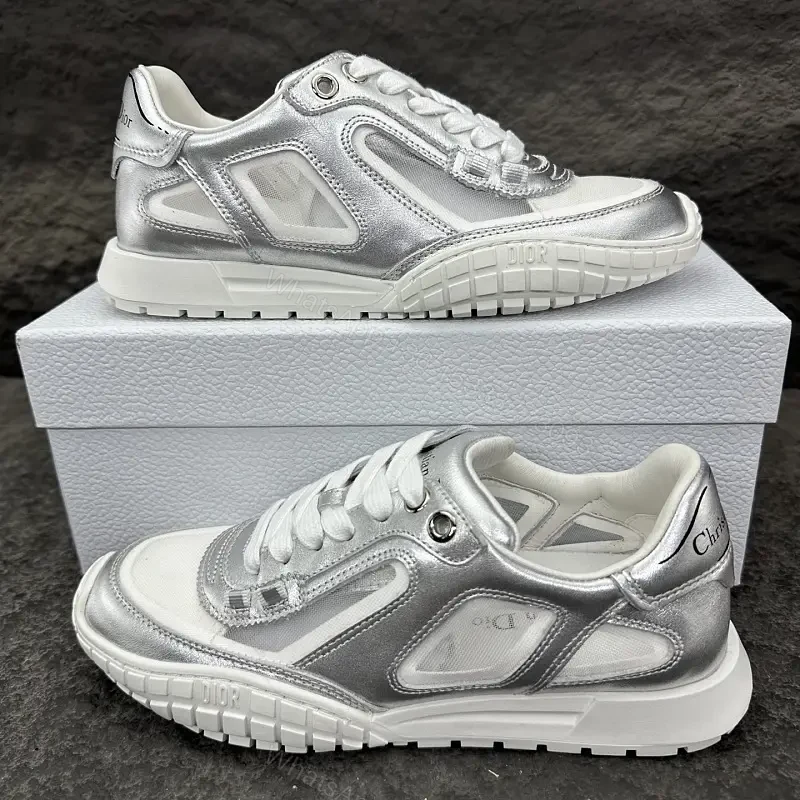 Silver Metallic Leather Trainers with Mesh Panels, Chunky Sole, Dior-Style Motif Sneaker — view 1