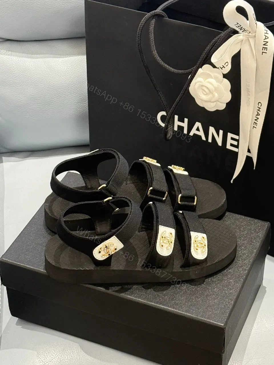 View 3 of Black Synthetic Strappy Sandals – Luxe Comfort, Gold Hardware