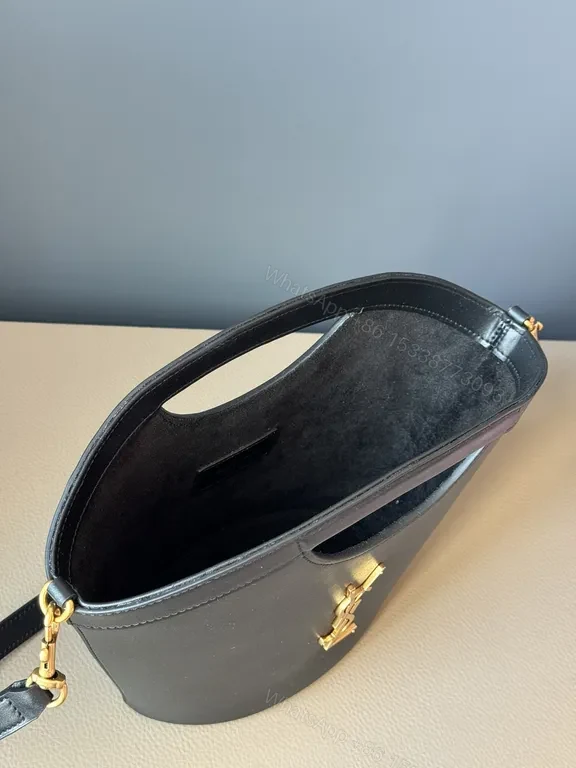 View 8 of Chic Black Leather Satchel: Gold YSL Monogram Bag