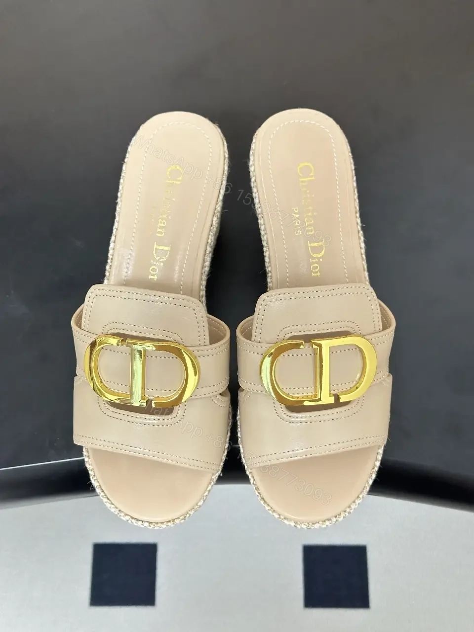 View 9 of Beige Leather Woven Wedge Sandals Dior-Style Gold Buckle Sandal
