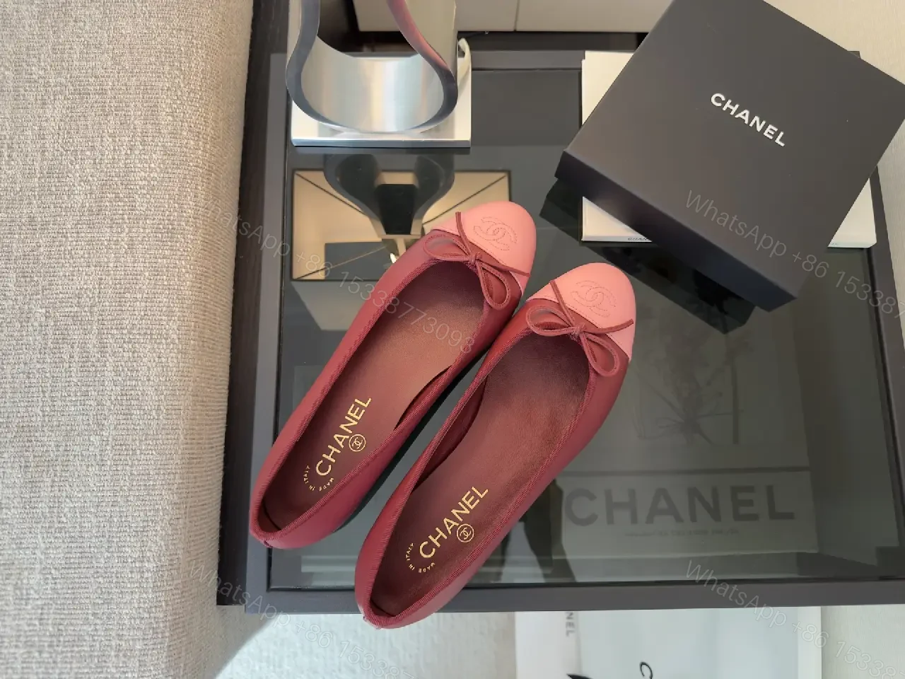 View 6 of Pink Cap Toe Bow Flats - Leather Style with Logo Embroidery, Chanel-inspired