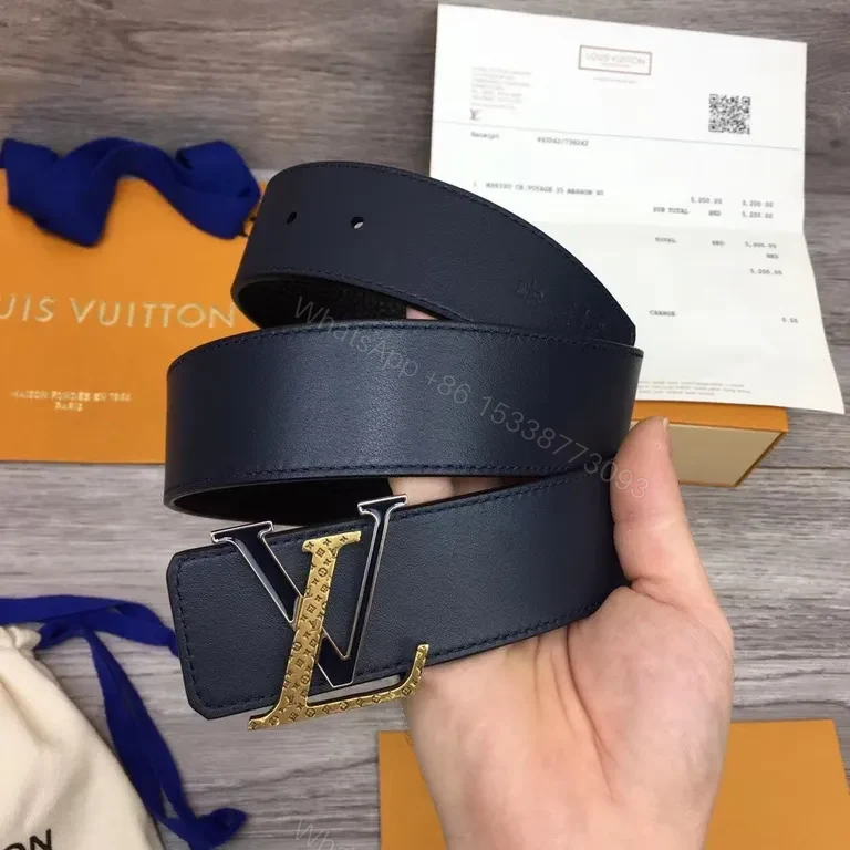 View 2 of Premium Black Pebbled Leather Belt with Gold LV-Inspired Buckle